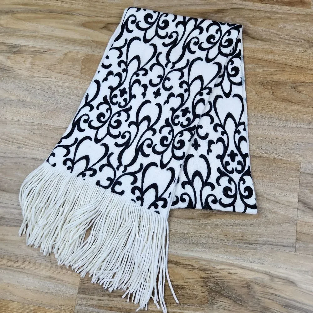 💜Vintage Ivory & Black Scroll Print Pashmina Scarf